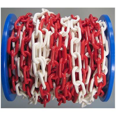 Un grande rullo con catena rossa e bianca, alternata, su un nucleo di bobina blu.