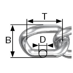 Immagine di una catena metallica con indicazioni dimensionali: 'T' per sezione longitudinale, 'D' per diametro, 'B' per altezza delle maglie.