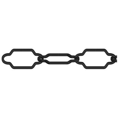 Maglie di catena nere, collegate uniformemente, su sfondo bianco. Simboleggia connessione o struttura a catena.