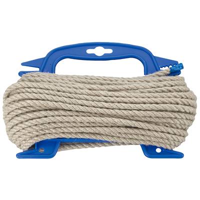 Un utensile blu tiene un rullo di corda beige arrotolato.
