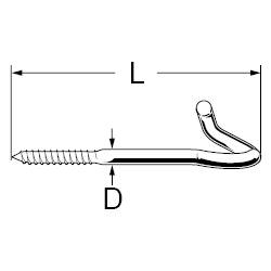 Disegno tecnico di un gancio a vite con le misure L e D, che indicano le dimensioni di lunghezza e diametro.