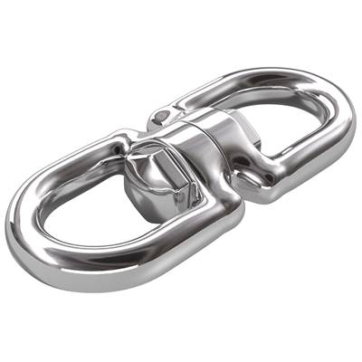 Un connettore metallico lucente con due maglie ovali collegate da un elemento centrale girevole.