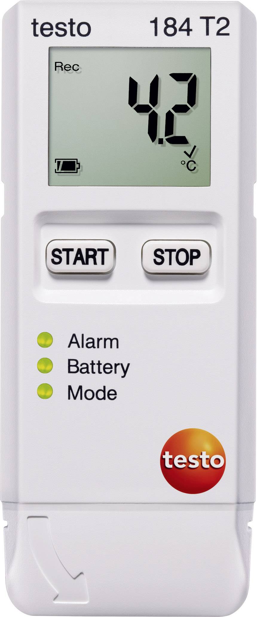 Datalogger di temperatura con display LCD mostra 4,2°C. Due tasti 'START' e 'STOP'. Spie luminose per allarme, batteria e modalità. Logo 'testo'.
