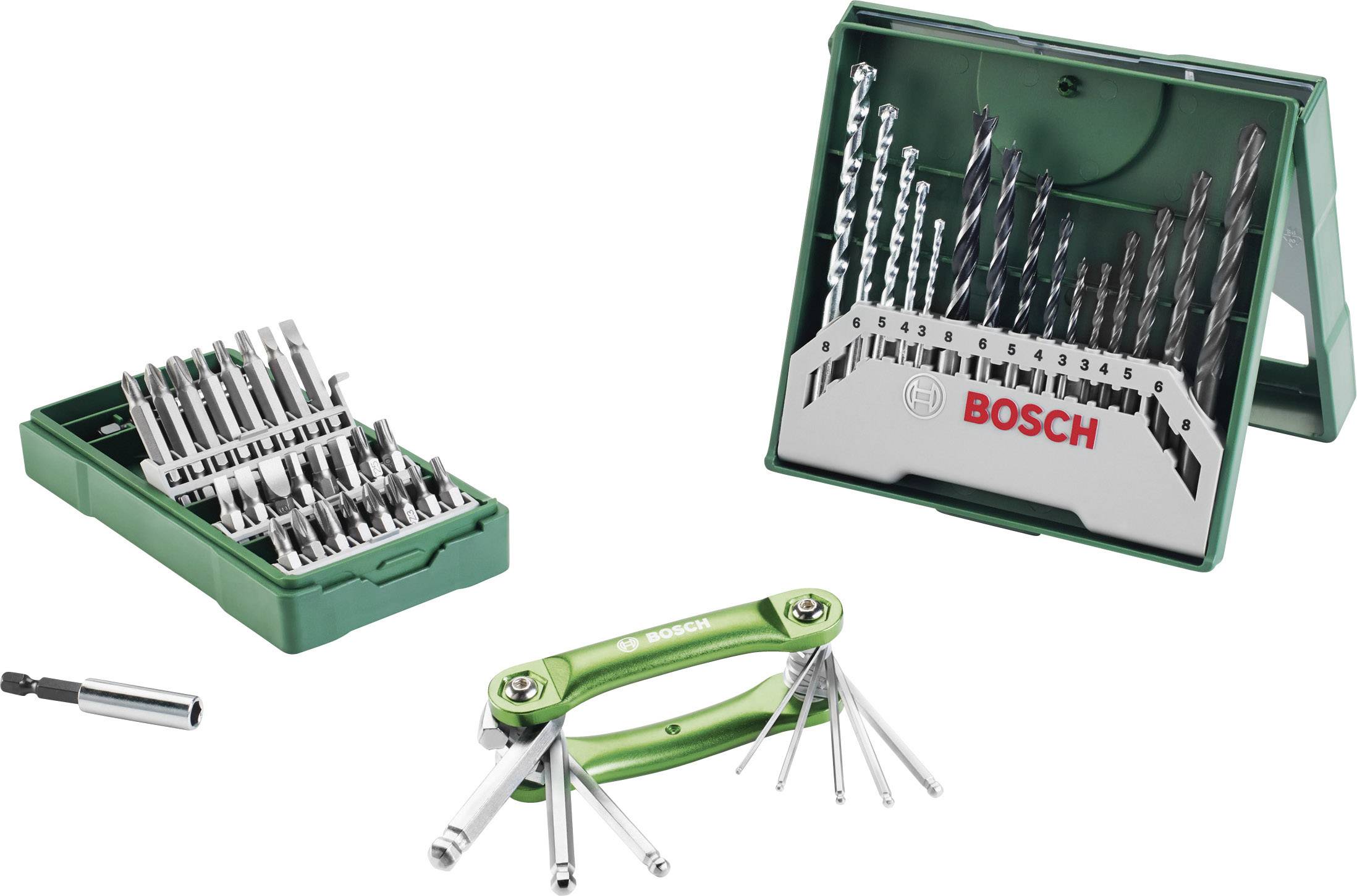 Un set di punte e cacciaviti Bosch in custodia verde con diversi inserti per lavori fai-da-te.