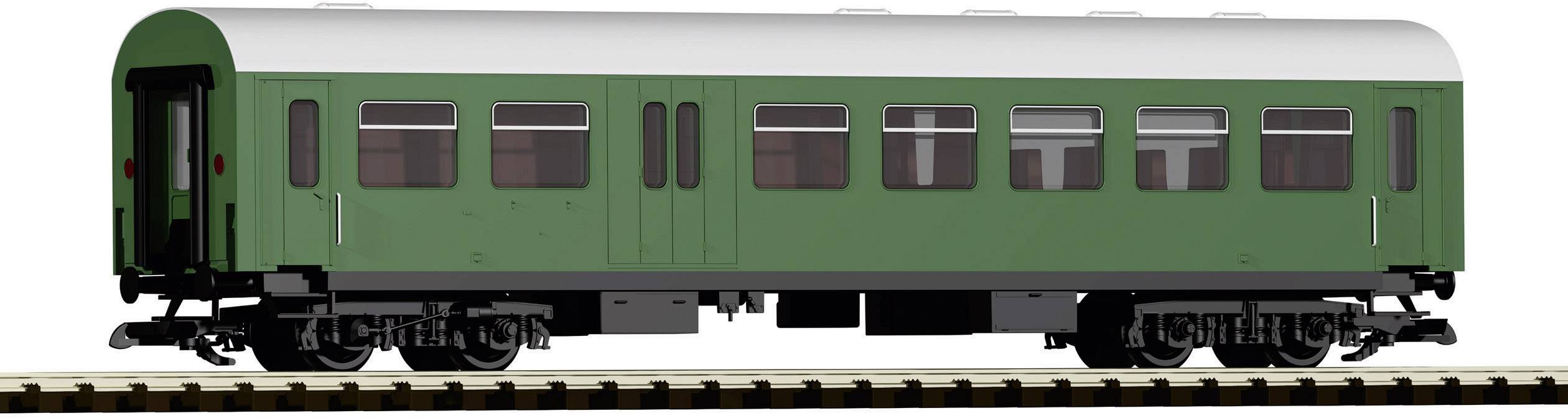 Vagone verde su un binario con tetto bianco e ruote nere, visto lateralmente.