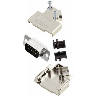 Un connettore D-Sub smontato con custodia metallica, pin e viti per connessioni informatiche o elettroniche.