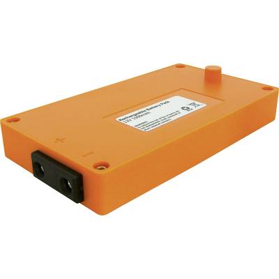Un pacco batteria ricaricabile arancione con la scritta 'Batteria ricaricabile 12V 5000mAh', con i poli positivo e negativo contrassegnati.