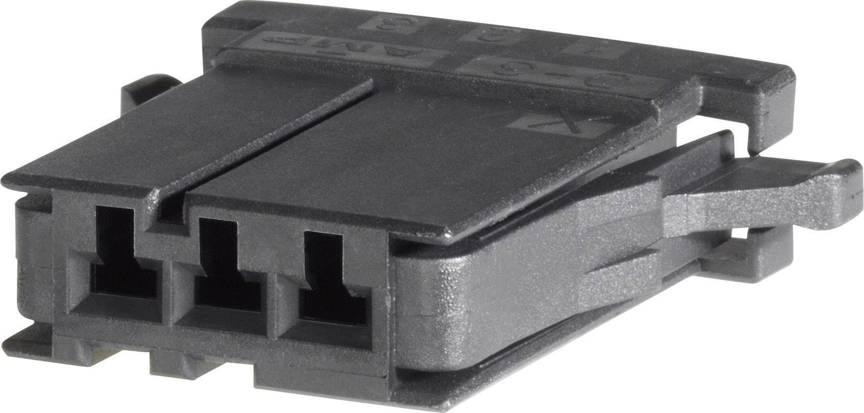 Un connettore nero in plastica con tre slot. Il design appare compatto e robusto, adatto per connessioni elettroniche.