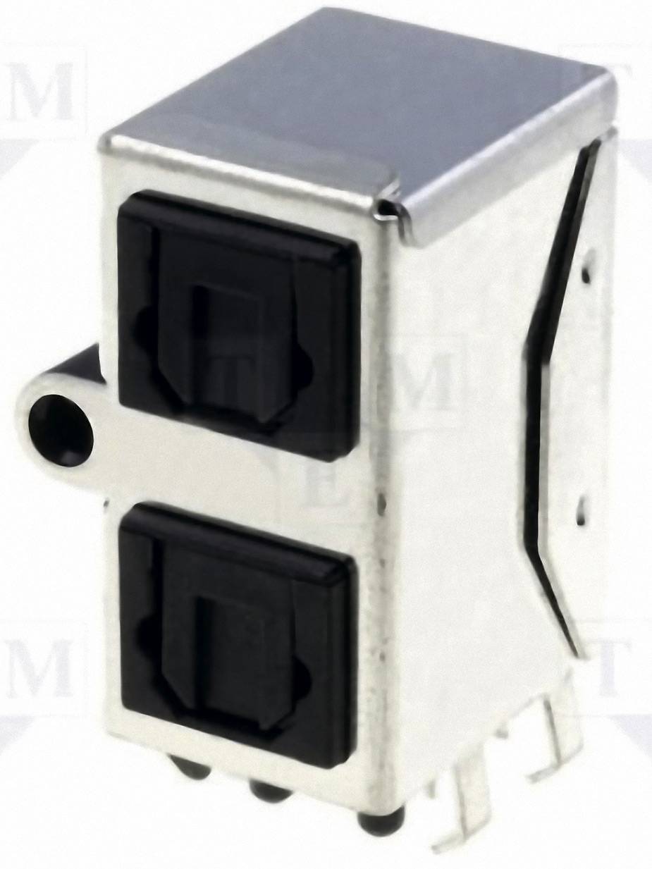 Connettore con due porte nere, di forma rettangolare, color argento, con ingresso laterale per cavo. Utilizzato per trasmissioni audio o dati.
