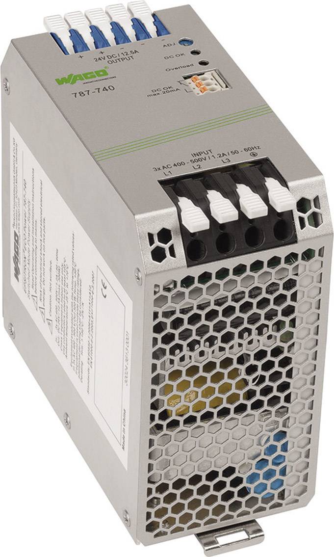 Un dispositivo grigio elettronico con griglie di ventilazione e connettori blu in alto, probabilmente un alimentatore per l'erogazione di energia elettrica.