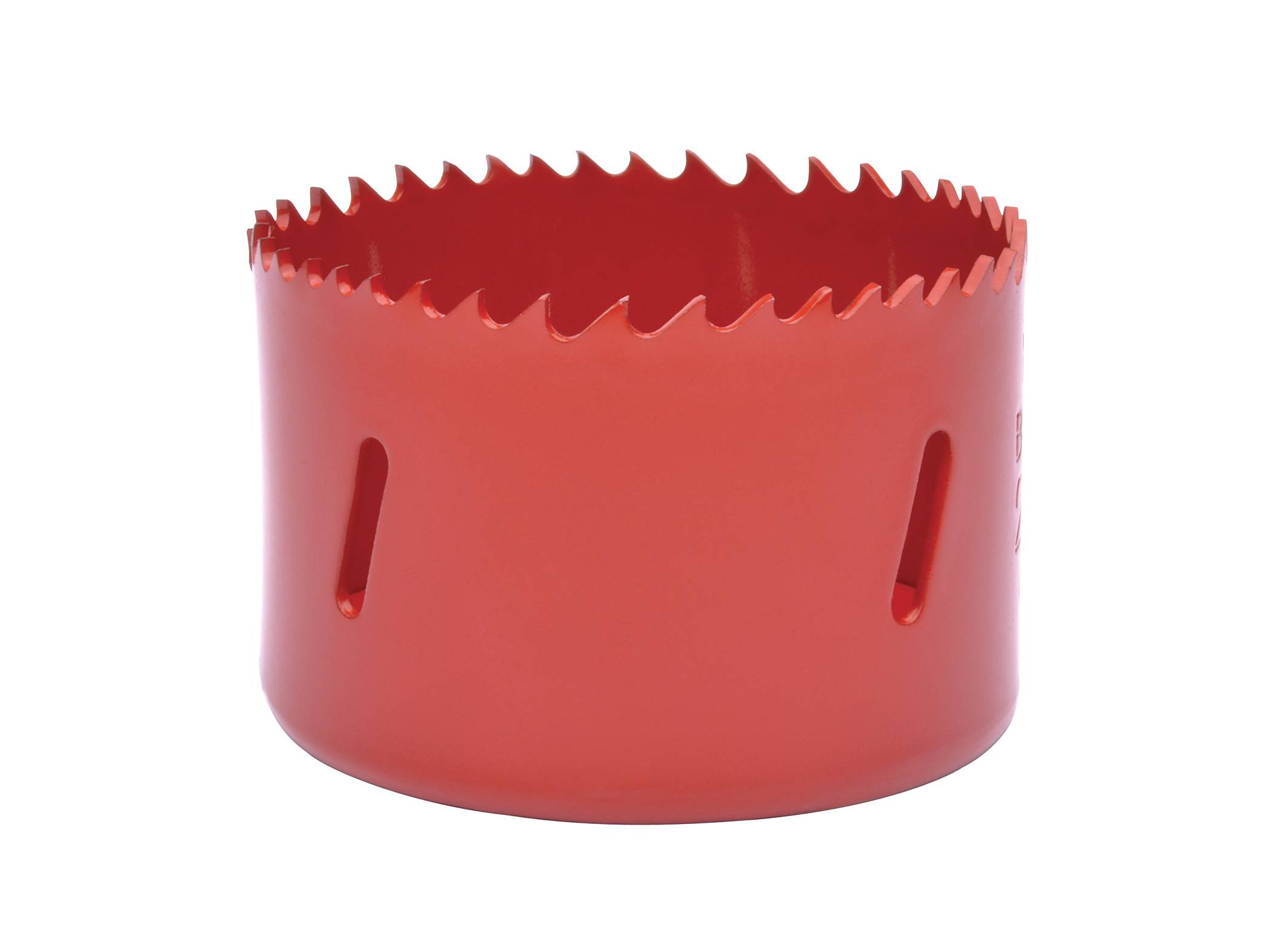 Sega a tazza rossa con denti seghettati, adatta per forare grandi fori, rappresentata frontalmente su sfondo bianco.