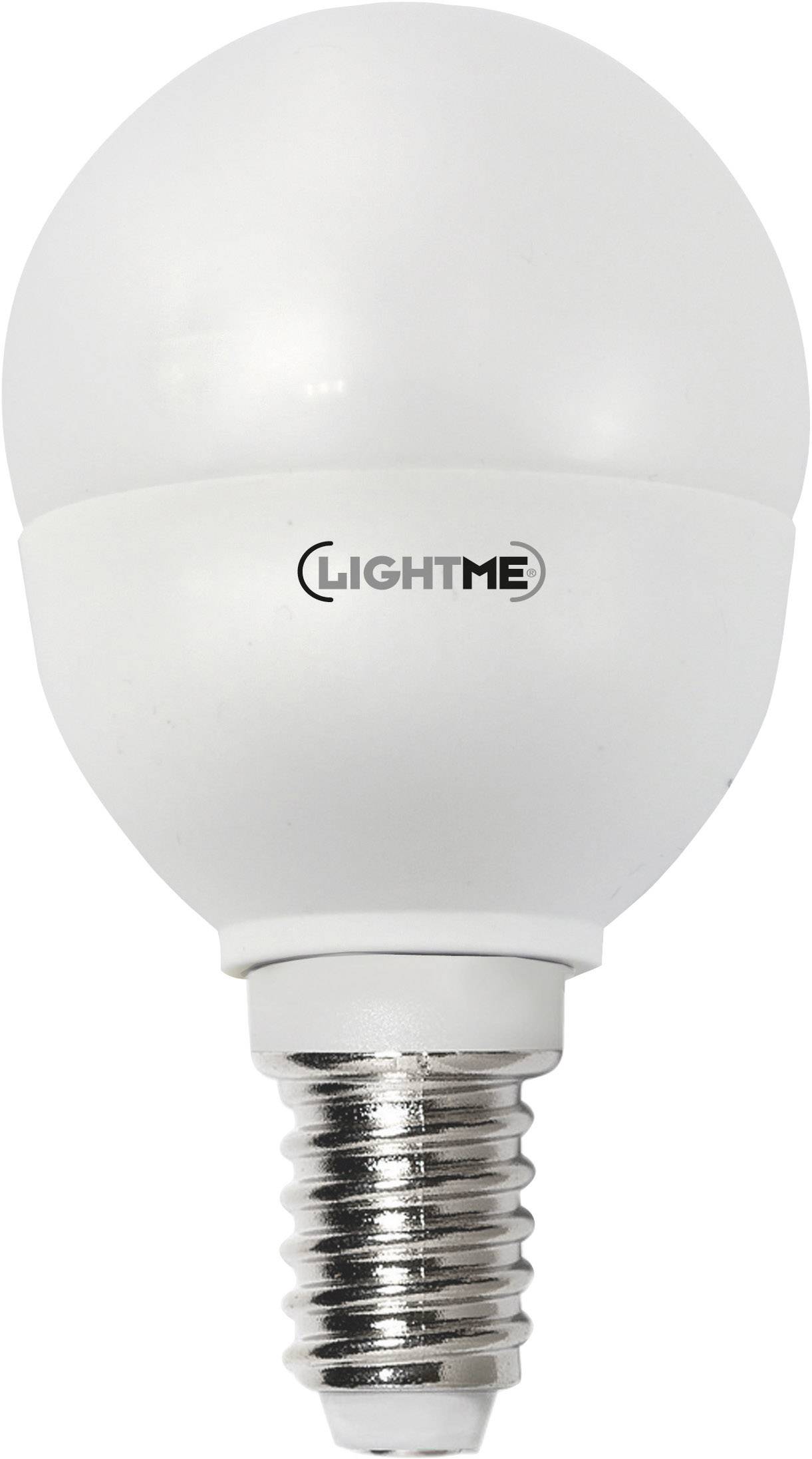 Una lampadina LED bianca con la scritta 'LightMe' sulla superficie. Ha un attacco E14, adatta per piccole lampade.