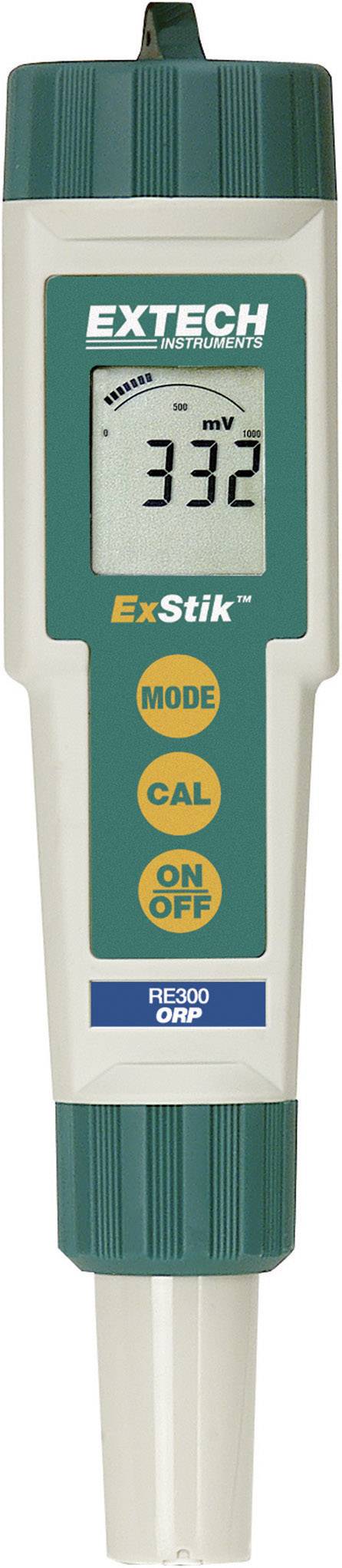 Dispositivo manuale per la misurazione del potenziale redox. Schermo mostra '332 mV', sotto i pulsanti: Mode, Cal, On/Off. Marca Extech, modello ExStik RE300.