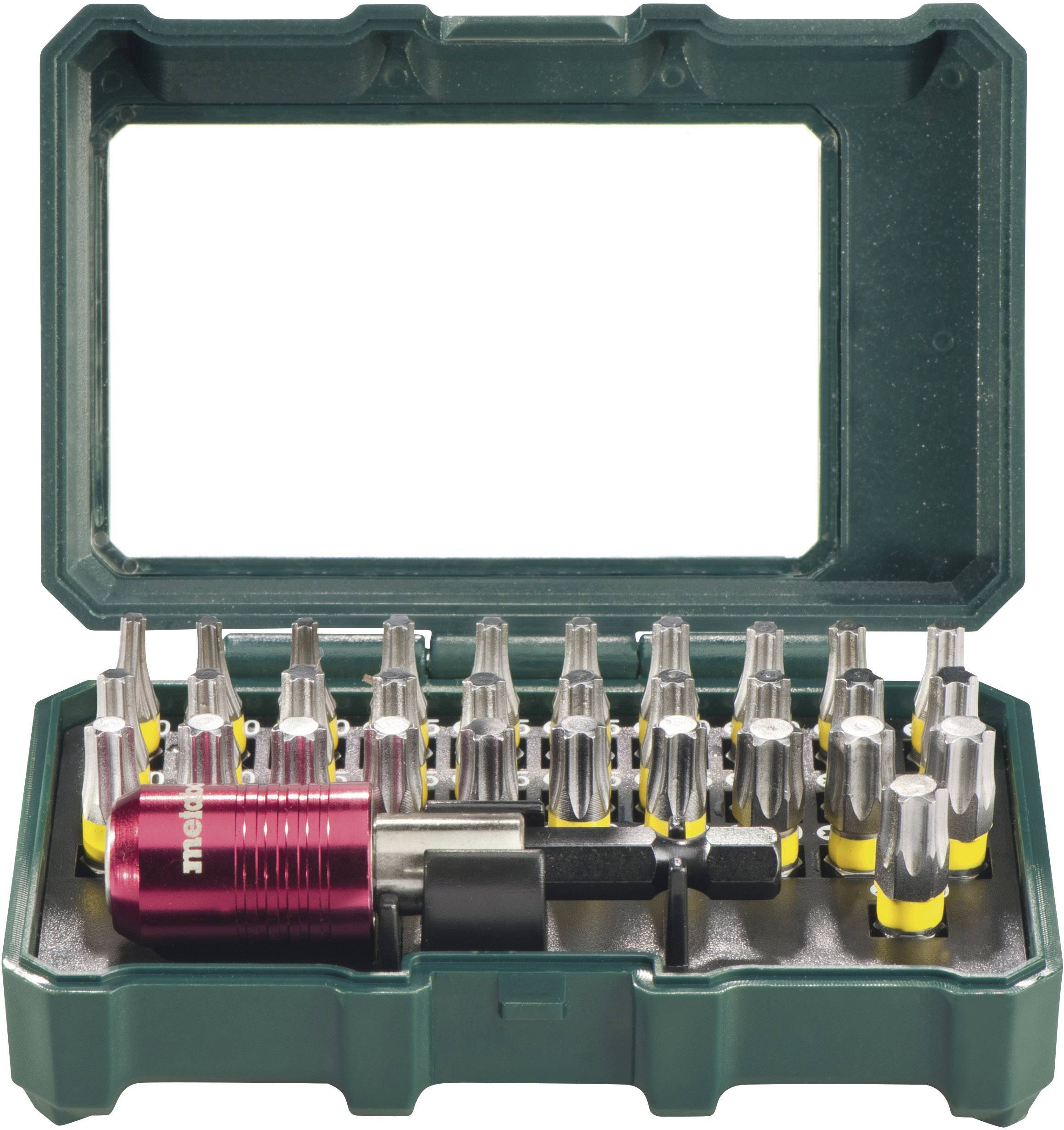 Un set di bit per cacciavite in una custodia verde, che include diversi tipi di bit e un supporto per bit rosso.