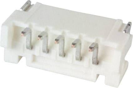 Connettore bianco, rettangolare, a 5 poli per dispositivi elettronici, vista dall'alto, contatti metallici ben visibili.