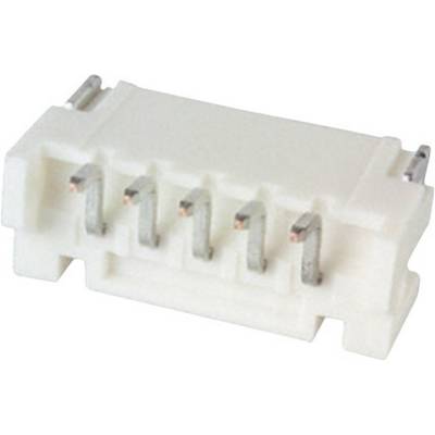 Connettore bianco, rettangolare, a 5 poli per dispositivi elettronici, vista dall'alto, contatti metallici ben visibili.