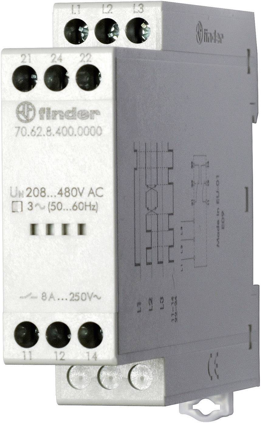 Un modulo relè Finder grigio con etichette e connessioni per cablaggio elettrico. Modelli, specifiche e diagramma sono visibili.