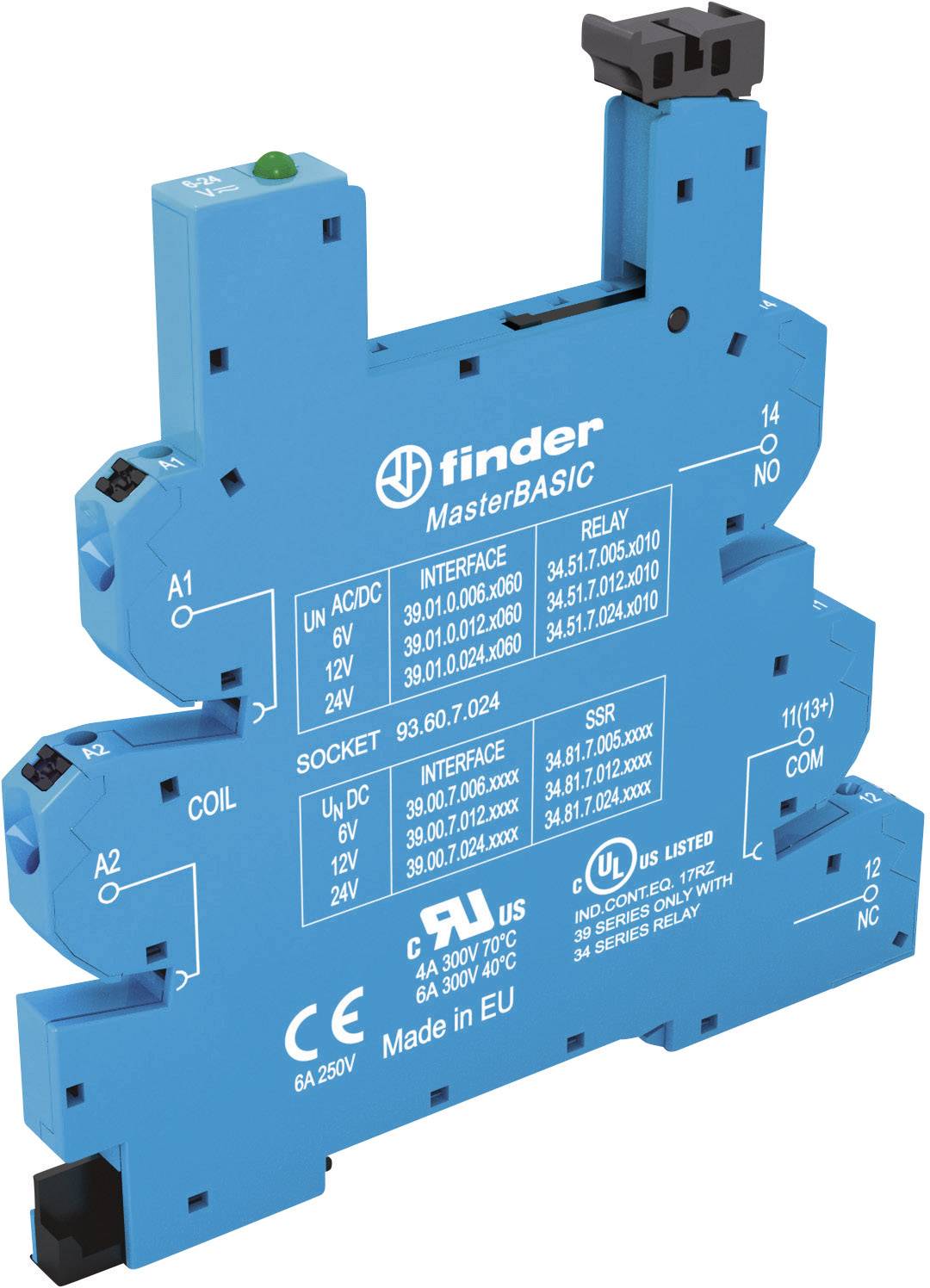 Un dispositivo di relè elettrico blu di Finder, modello MasterBASIC, raffigurato con specifiche tecniche e connessioni.