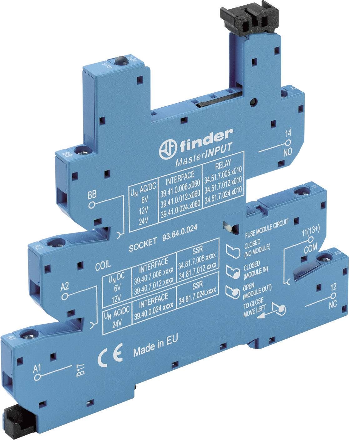 Componente elettronica blu con più connessioni e scritta 'tinder Master INPUT'. Prodotto nell'UE.