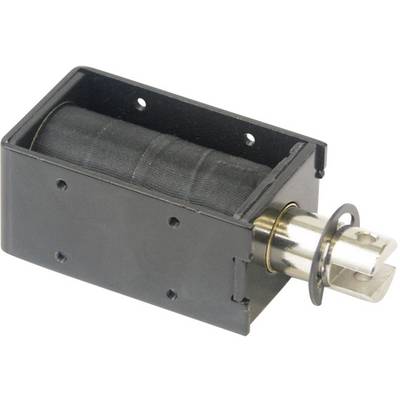 Un attuatore elettromagnetico nero con bobina metallica e pistone sporgente; utilizzato per il controllo del movimento meccanico.