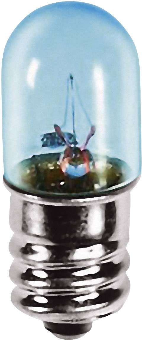 Una piccola lampadina con luce bluastra e filettatura metallica. Il filamento e la struttura interna sono visibili.