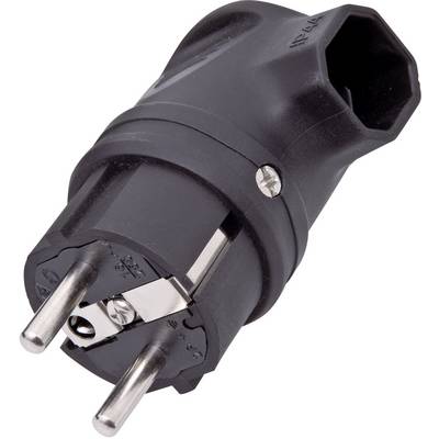 Spina Schuko nera con due spinotti metallici per il collegamento elettrico.