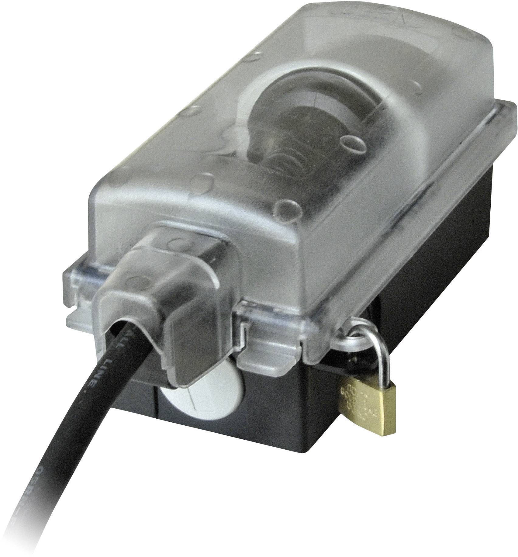 Un involucro nero con un coperchio trasparente protegge un collegamento di cavi elettrici. Un piccolo lucchetto assicura il coperchio.