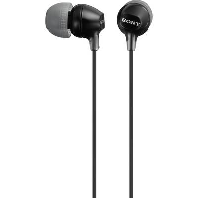 Cuffie in-ear nere Sony con tappi auricolari in silicone grigio e un sottile cavo nero.
