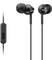 Cuffie in-ear nere con cavo e microfono integrato. Nome del marchio visibile sugli auricolari.