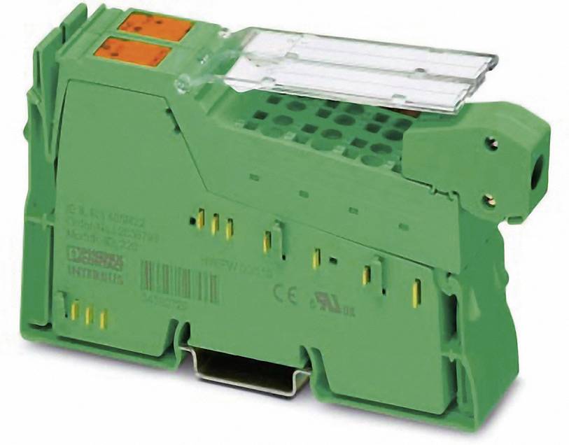 Modulo elettronico verde con coperchio trasparente e morsetti di connessione gialli, utilizzato per sistemi di controllo industriali.