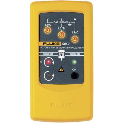 Dispositivo giallo per l'indicazione della direzione del motore e delle fasi, dotato di tre indicatori luminosi e due pulsanti. Marcatura 'FLUKE 9062'.