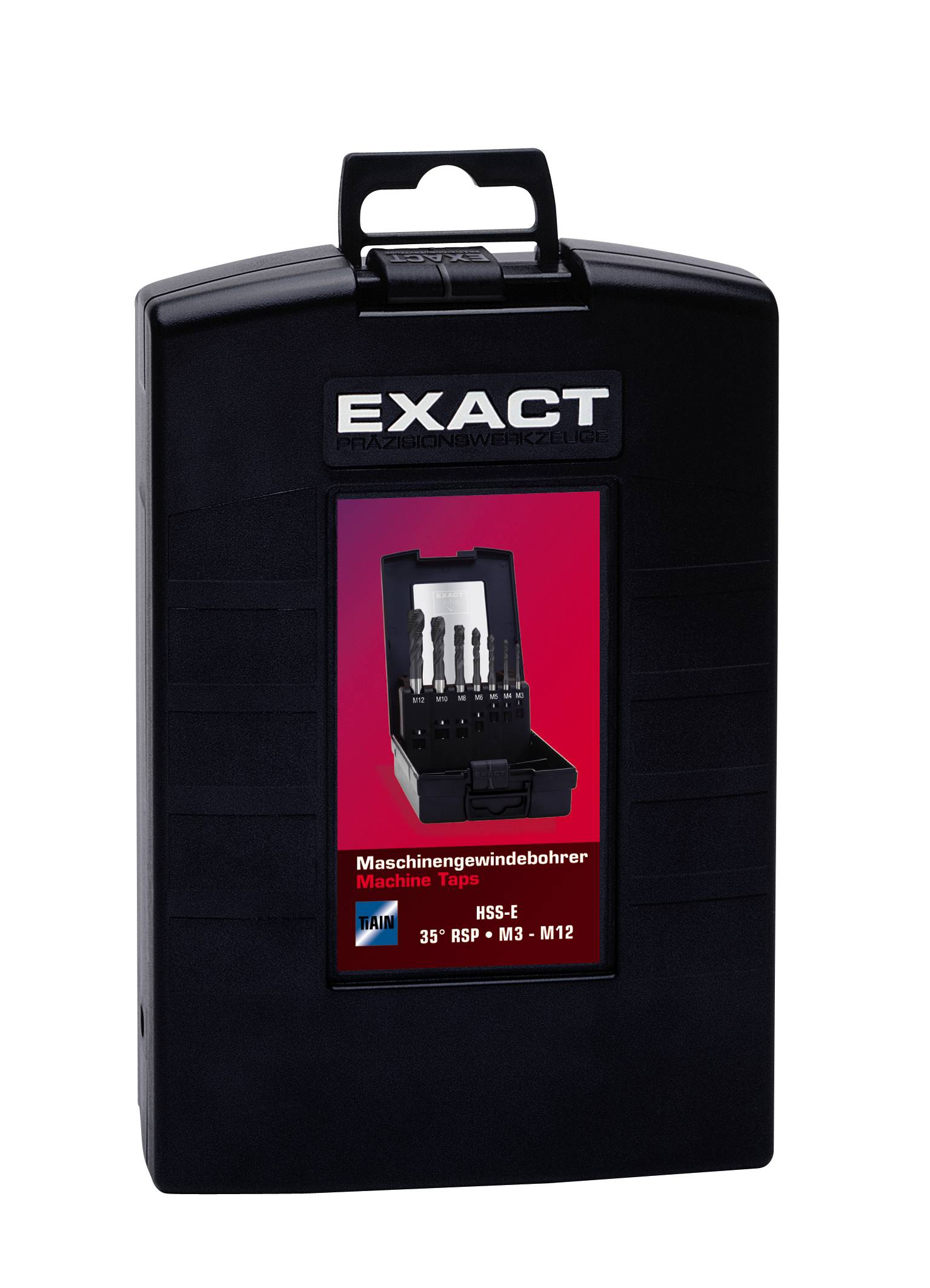 Scatola nera in plastica con il logo 'EXACT'. Contiene un set di maschi per filettatura meccanica in diverse dimensioni.