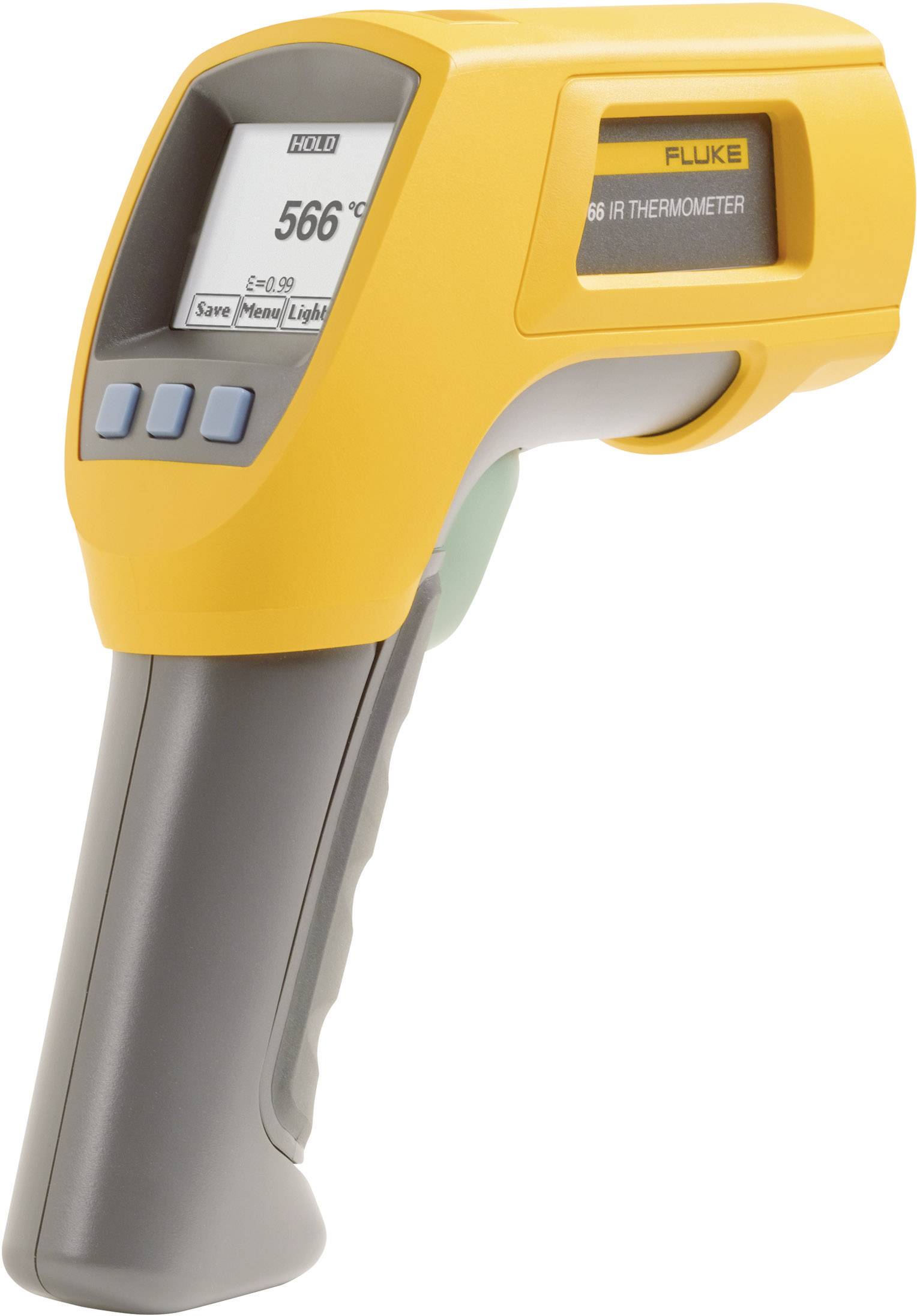 Un termometro a infrarossi giallo mostra una temperatura di 566 gradi su un display digitale.