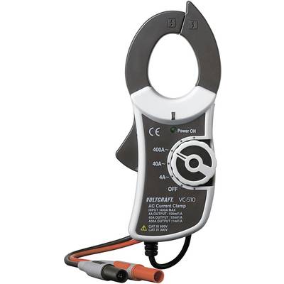Pinza amperometrica per la misurazione di correnti alternate. Viene mostrato il modello 'VOLTCRAFT VC-510' con selettore di portata e cavi di connessione.