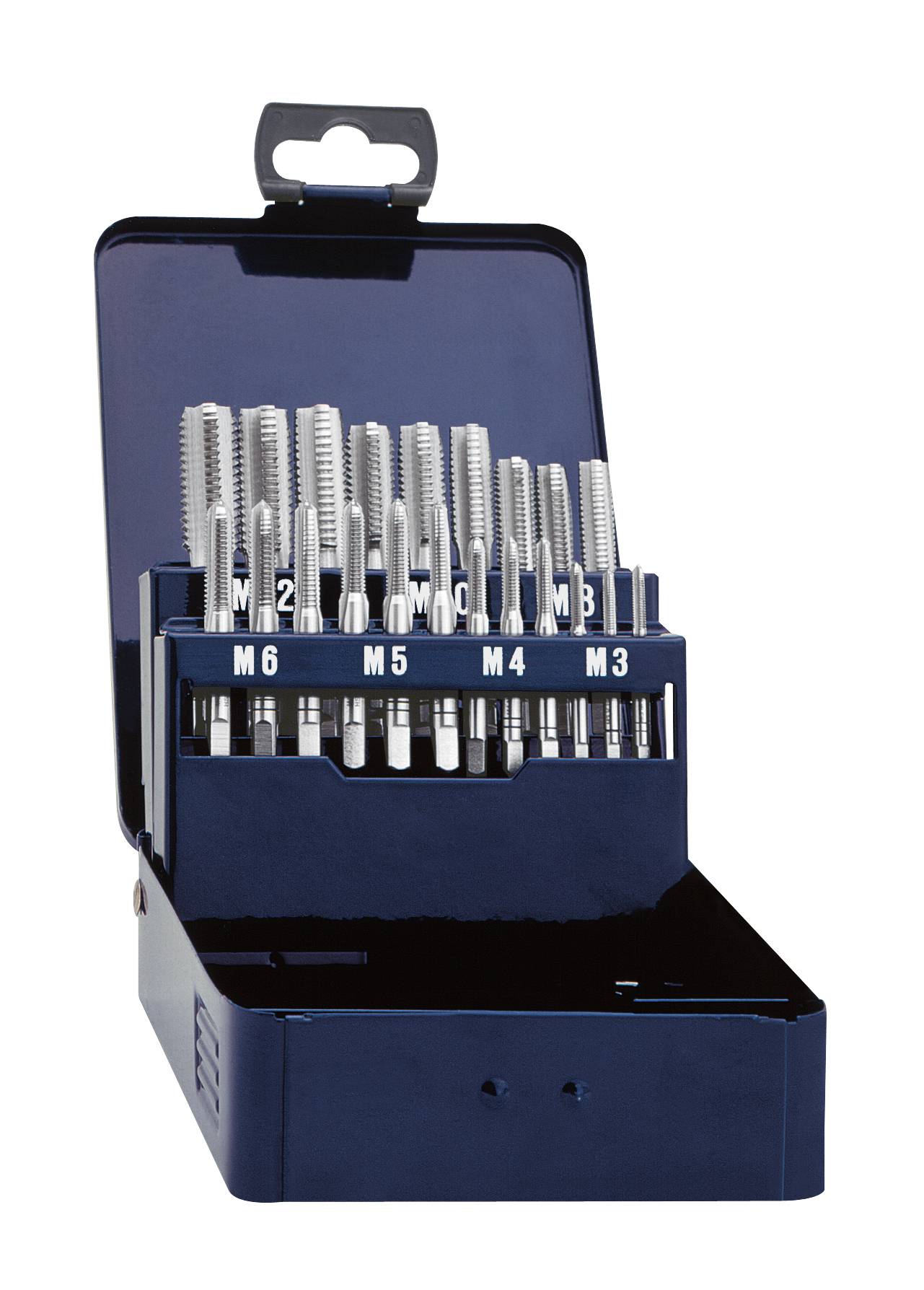 Un contenitore metallico aperto con un set di maschi per filettatura in diverse dimensioni, ordinati da M3 a M6.