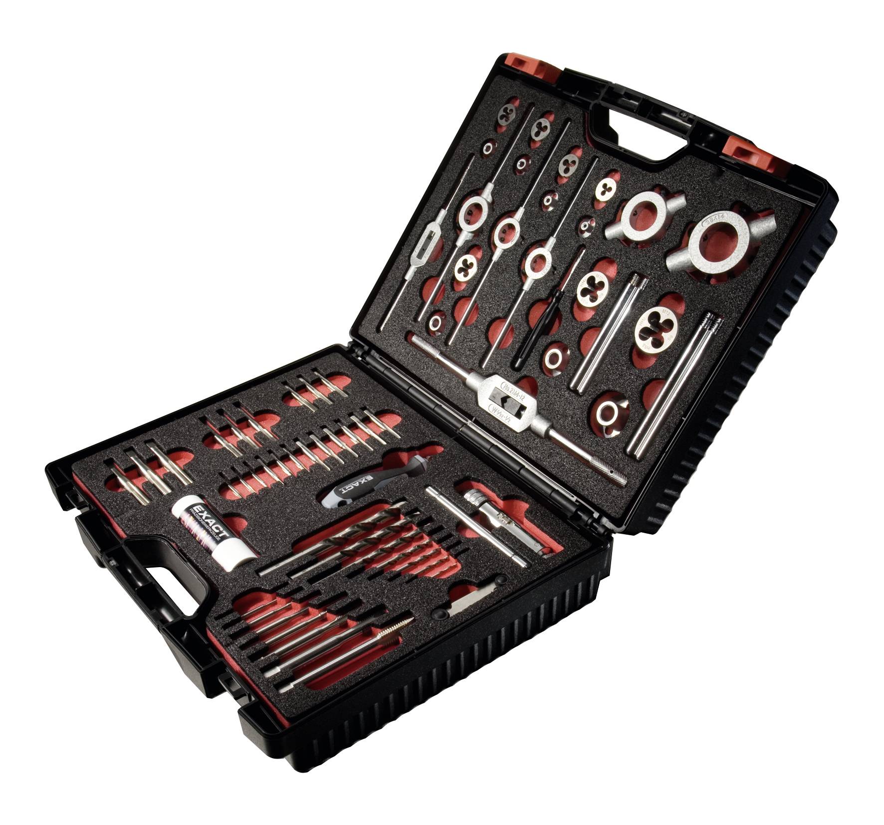 Un kit di attrezzi aperto con diversi trapani, cacciaviti e maschi da filettatura sistemati in un supporto di schiuma organizzato.