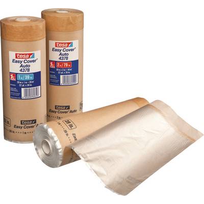 Tre rotoli di nastro adesivo Tesa Easy Cover 4378, parzialmente srotolati, mostrano carta marrone con un foglio di plastica trasparente, utilizzati per la copertura.