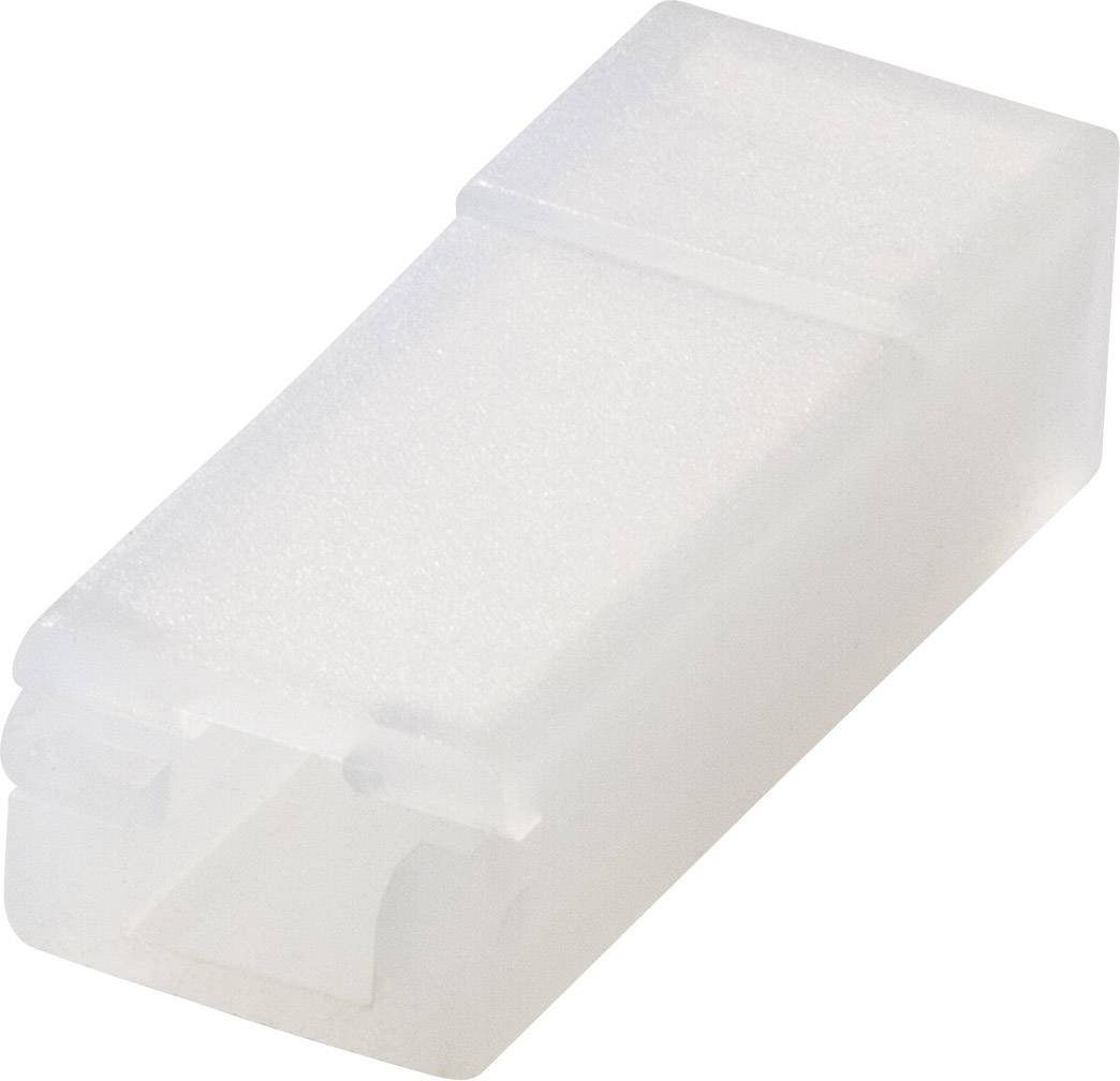 Una scatola rettangolare in plastica trasparente. È chiusa e ha una superficie leggermente opaca.