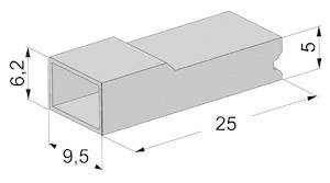 Disegno tecnico di un profilo rettangolare con dimensioni 6,2 x 9,5 x 25 mm e un'incavatura di 5 mm.