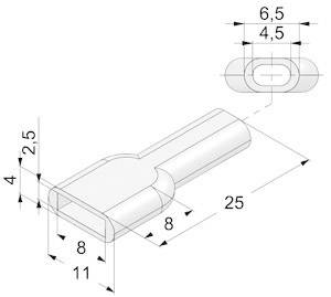 Disegno tecnico di un componente con misure: lunghezza 25 mm, larghezza 8 mm, altezza 4 mm e ulteriori misure di dettaglio.