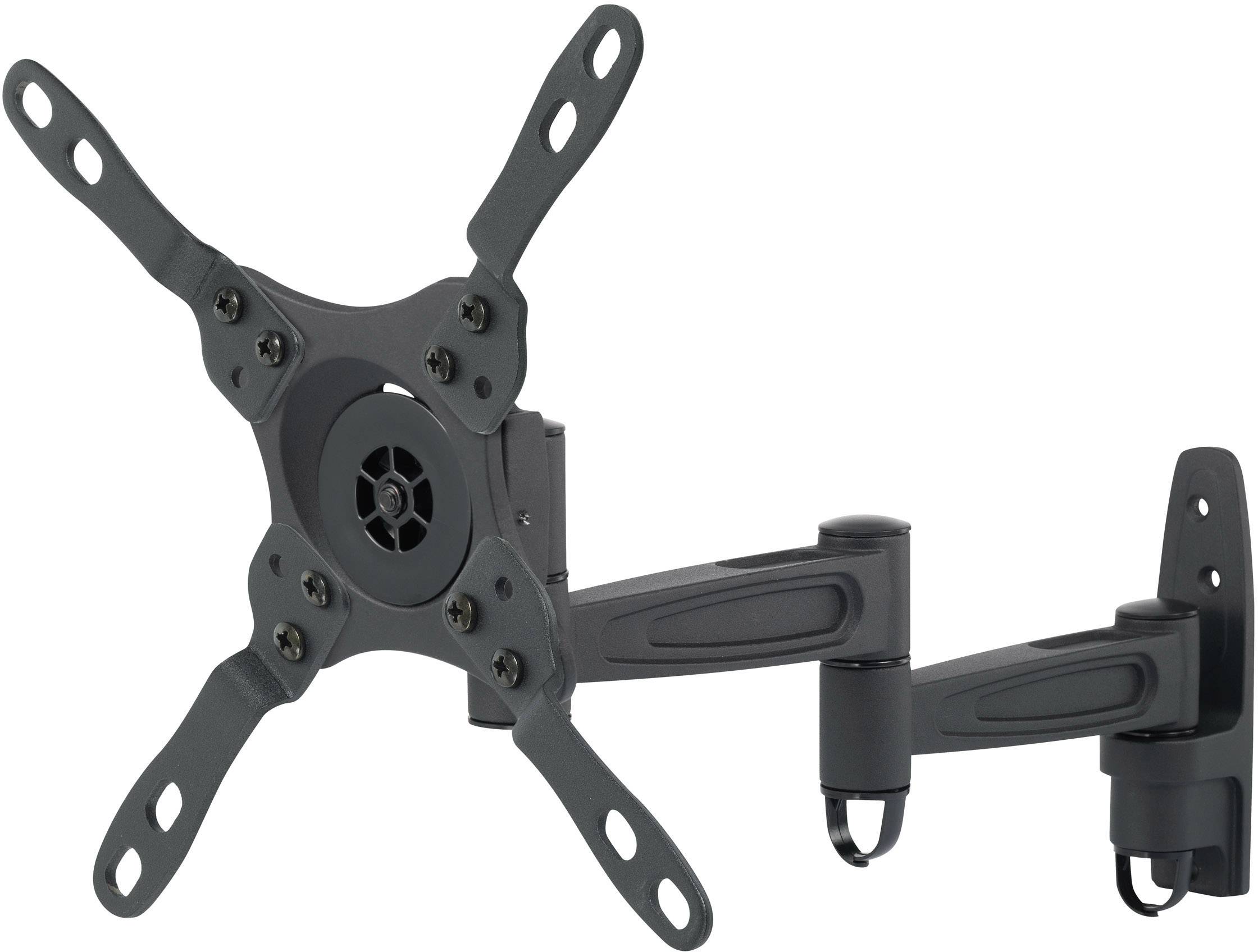 Supporto per monitor in metallo con braccio snodabile, idoneo per il montaggio a parete. Dotato di più punti di fissaggio per monitor.