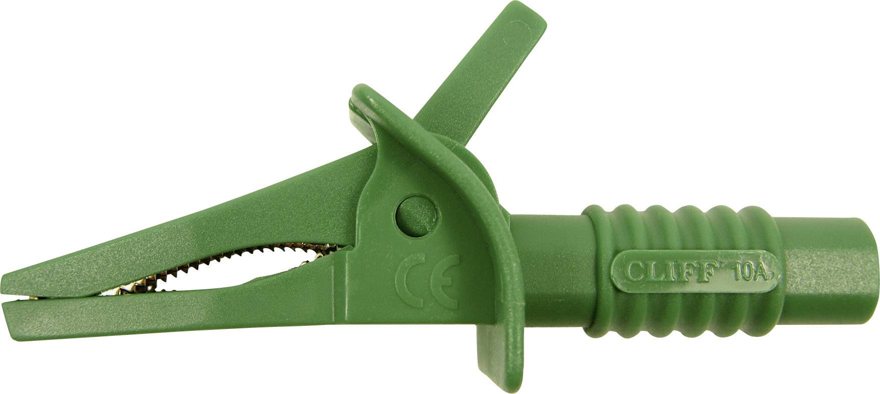 Una pinza a coccodrillo verde con ganasce dentate e impugnatura isolata.