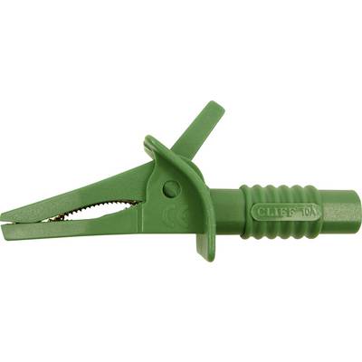 Una pinza a coccodrillo verde con ganasce dentate e impugnatura isolata.