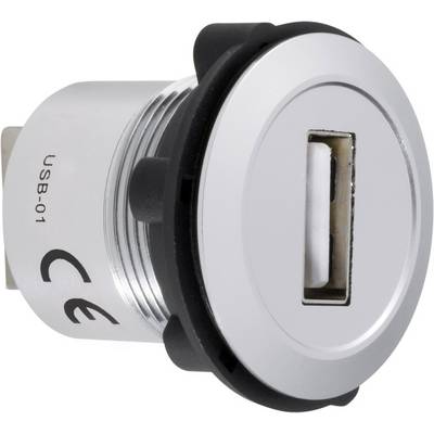 Primo piano di un connettore USB argentato di tipo USB-01 con marchio CE, alloggiato in un involucro cilindrico.