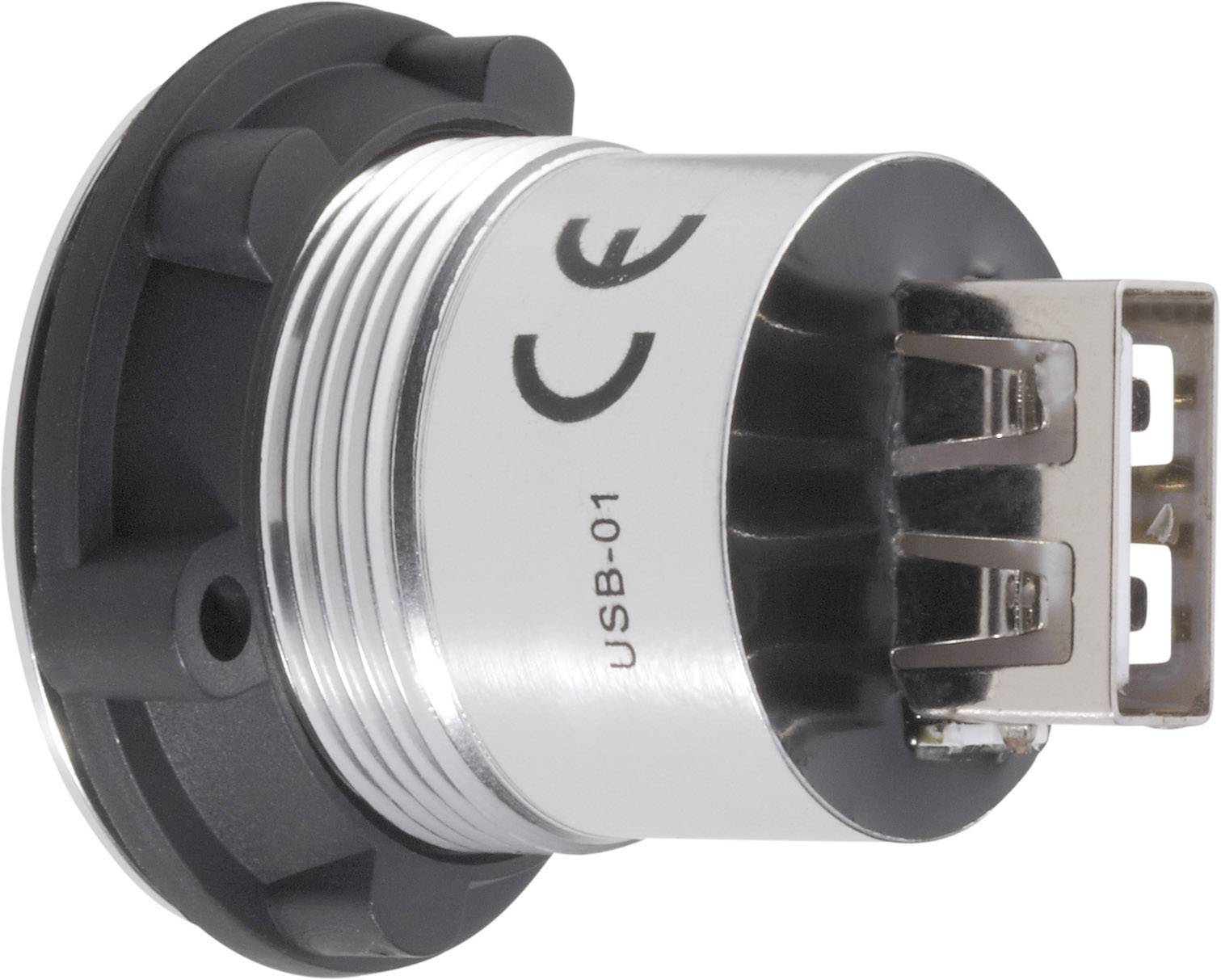 Connettore USB metallico con marchio CE e la denominazione 'USB-01', montato su una base rotonda nera.