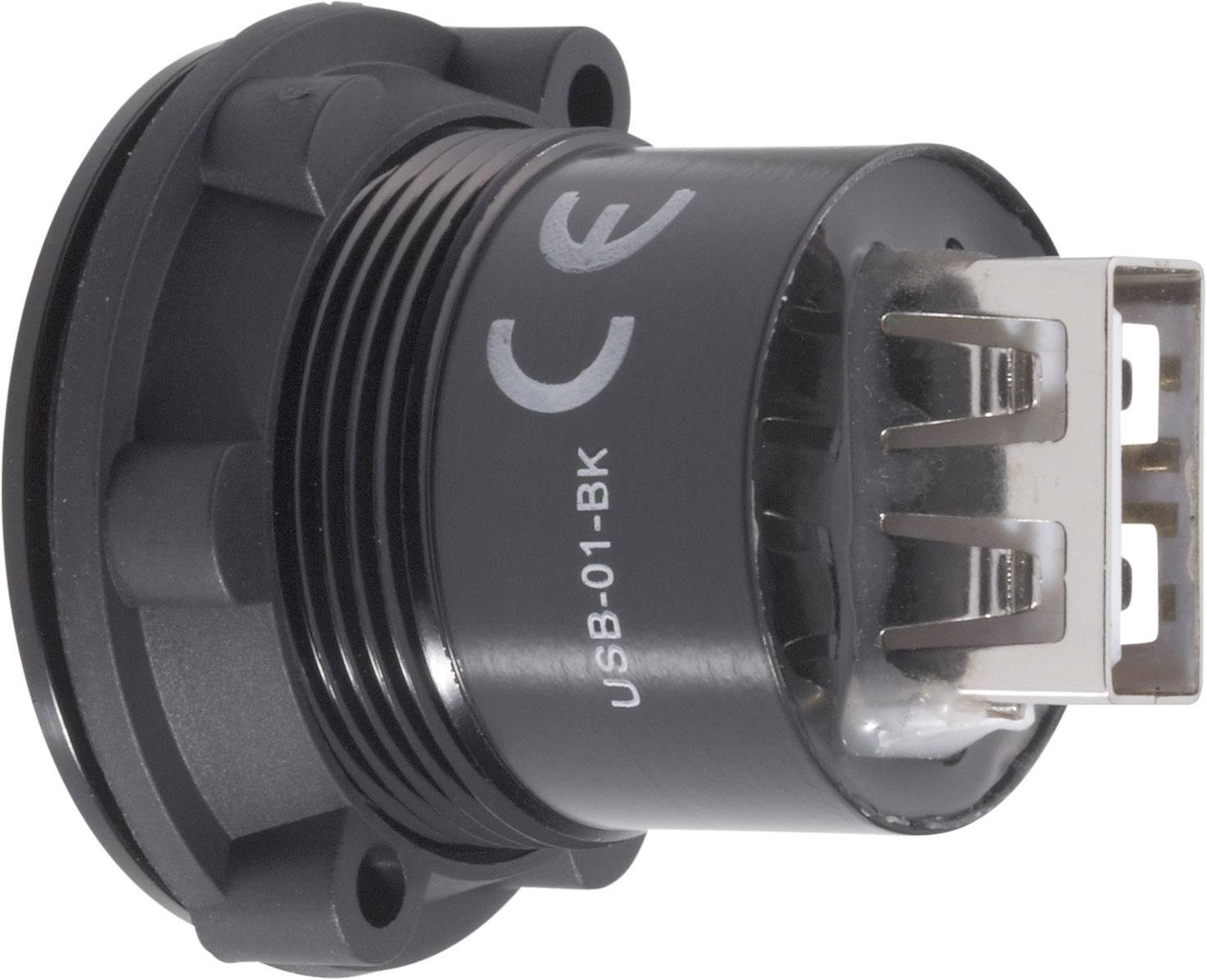 Connettore USB nero con marchio CE, numero di modello USB-01-BK, vista frontale che mostra gli slot metallici.