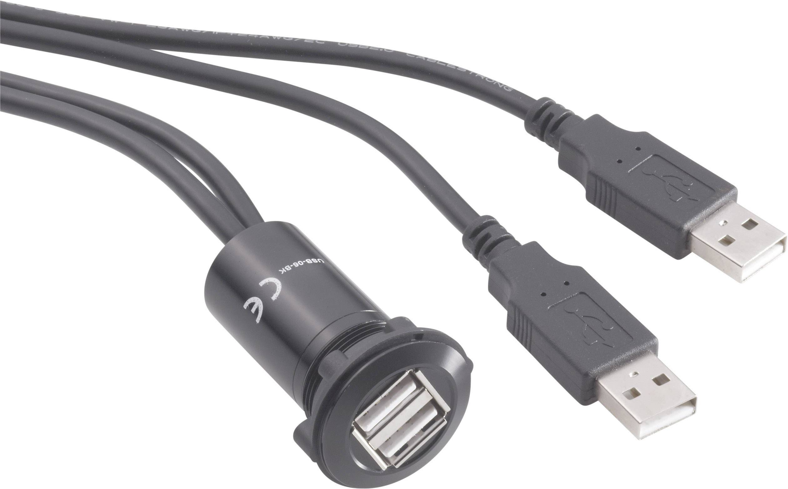 Due cavi USB collegati a una doppia presa USB, idonei per l'espansione delle possibilità di connessione per dispositivi.