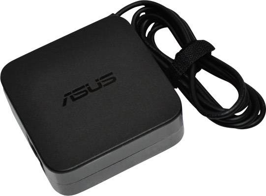 Alimentatore nero per laptop con cavo attorcigliato e logo ASUS sulla parte superiore.