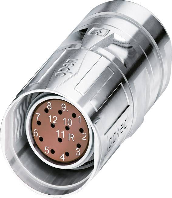 Un connettore metallico cilindrico con pin numerati da 1 a 12 e posizione 'R'. Il connettore è di colore argento e contrassegnato con 'open' e 'locked'.