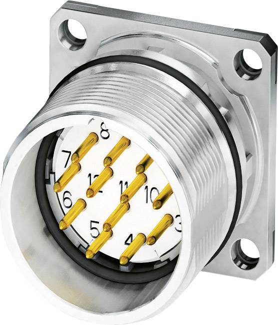 Un connettore circolare con involucro metallico e diversi pin dorati, numerati da 1 a 10, per connessioni elettriche.